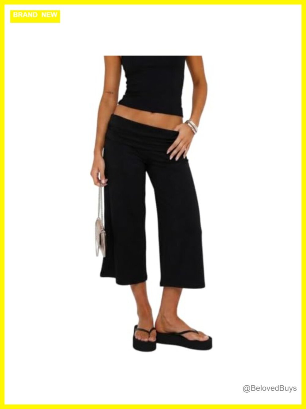 Women Fold Over Gaucho Capris Wide Leg Low Rise Cropped Pull On Pants